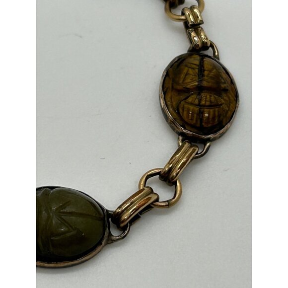 Egyptian Revival 1920s-30s Scarab Bracelet With Carved Natural Stones & Gold-Ton - Picture 11 of 16